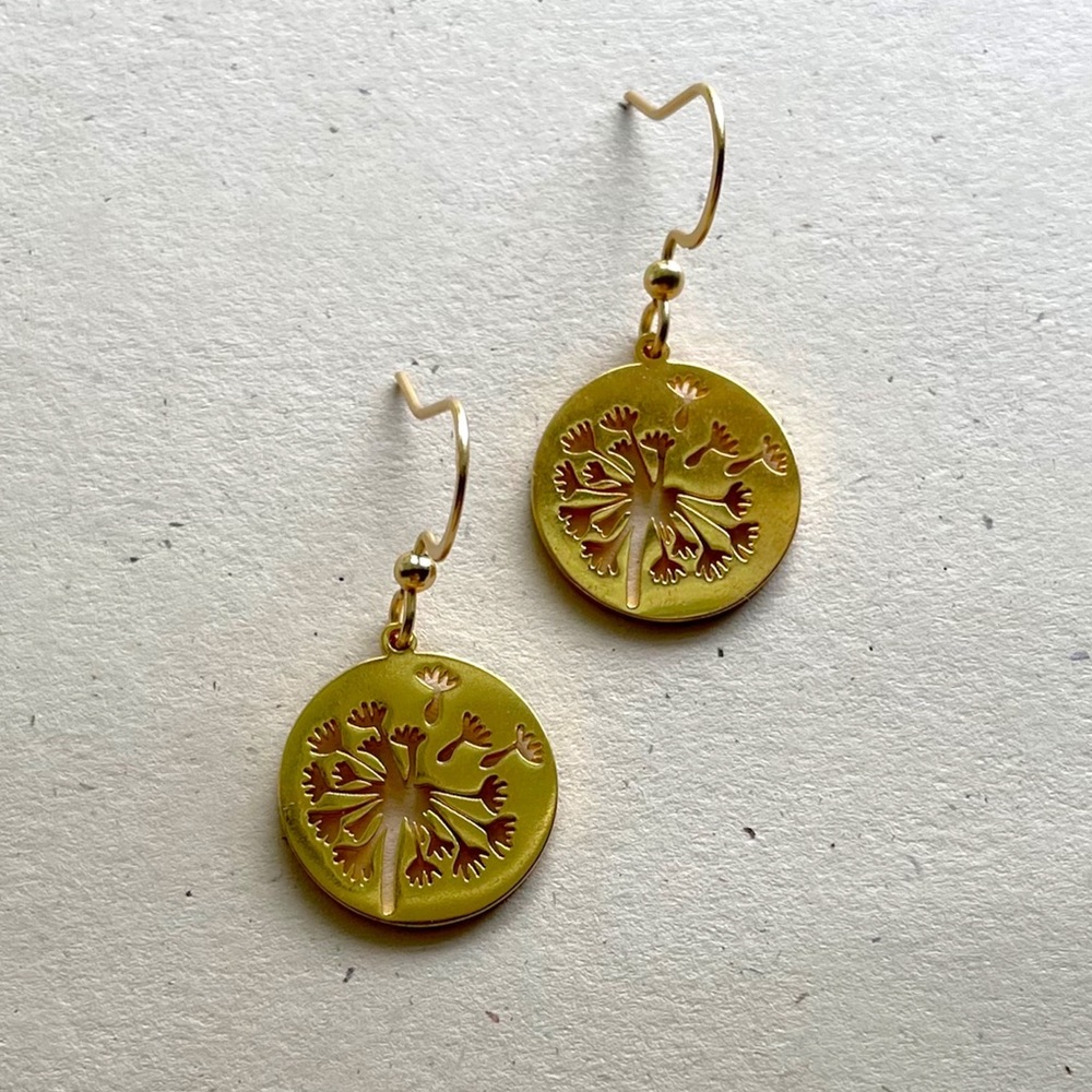 Gold Dandelion Flower Dangle Earrings